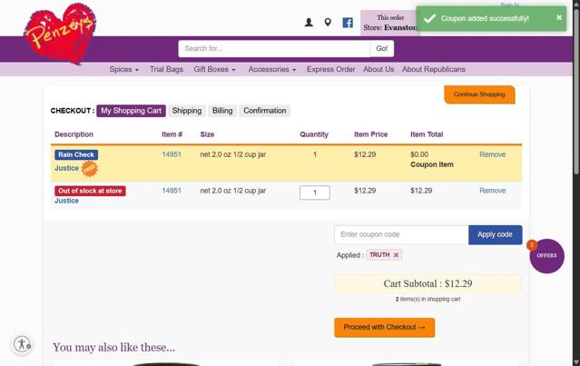 Penzeys Spices checkout page showing Penzeys Spices promo code box | Screenshot taken by SimplyCodes community member on Aug 5, 2025