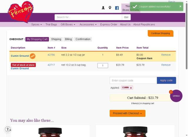 Penzeys Spices checkout page showing Penzeys Spices promo code box | Screenshot taken by SimplyCodes community member on Sep 5, 2025