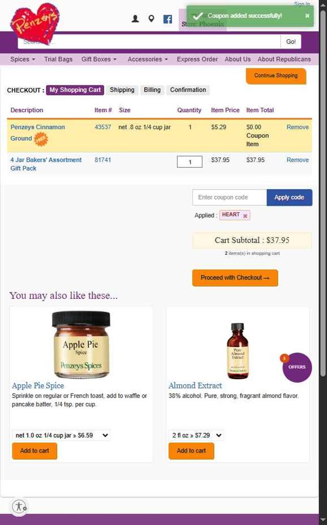 Penzeys Spices checkout page showing Penzeys Spices promo code box | Screenshot taken by SimplyCodes community member on Aug 2, 2025