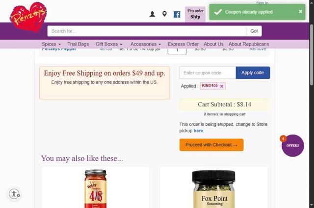 Penzeys Spices checkout page showing Penzeys Spices promo code box | Screenshot taken by SimplyCodes community member on Sep 8, 2025