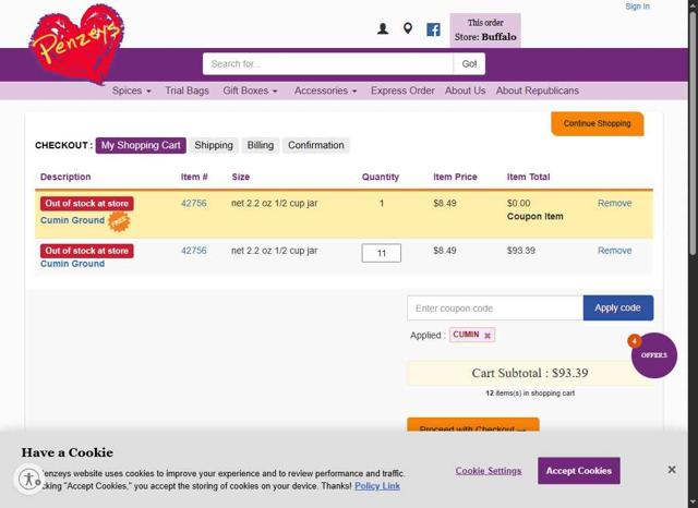 Penzeys Spices checkout page showing Penzeys Spices promo code box | Screenshot taken by SimplyCodes community member on Sep 8, 2025