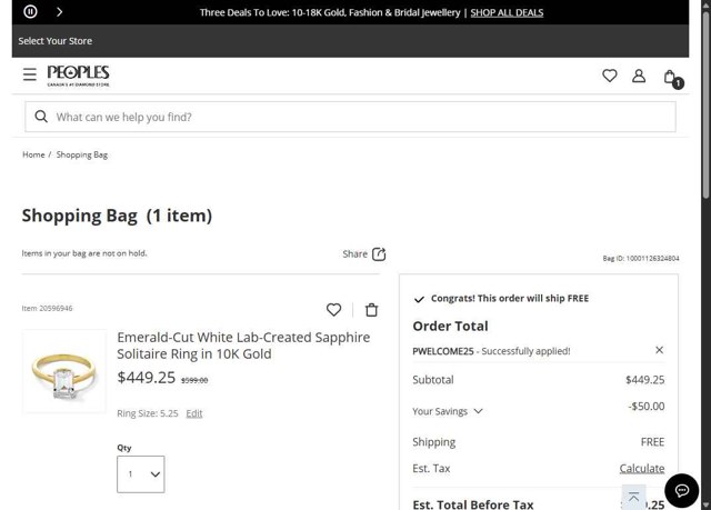 Peoples Jewellers checkout page showing Peoples Jewellers promo code box | Screenshot taken by SimplyCodes community member on Apr 19, 2025