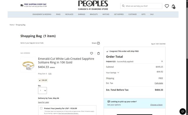 Peoples Jewellers checkout page showing Peoples Jewellers promo code box | Screenshot taken by SimplyCodes community member on Apr 19, 2025