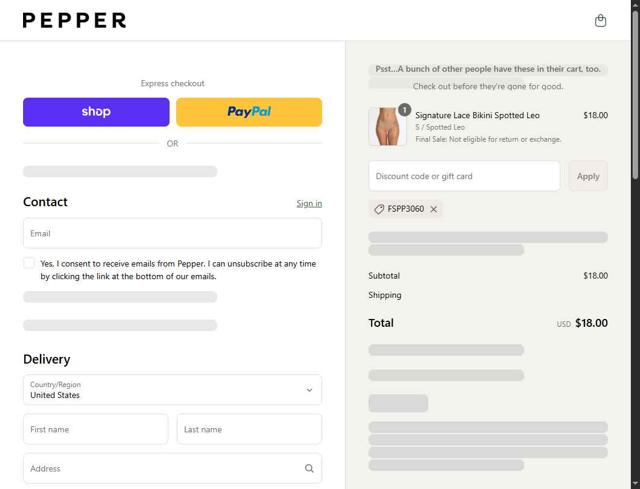 Pepper checkout page showing Pepper discount code box | Screenshot taken by SimplyCodes community member on Sep 12, 2025