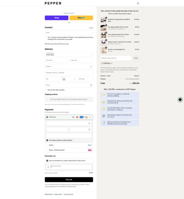 Pepper checkout page showing Pepper discount code box | Screenshot taken by SimplyCodes community member on Sep 6, 2025
