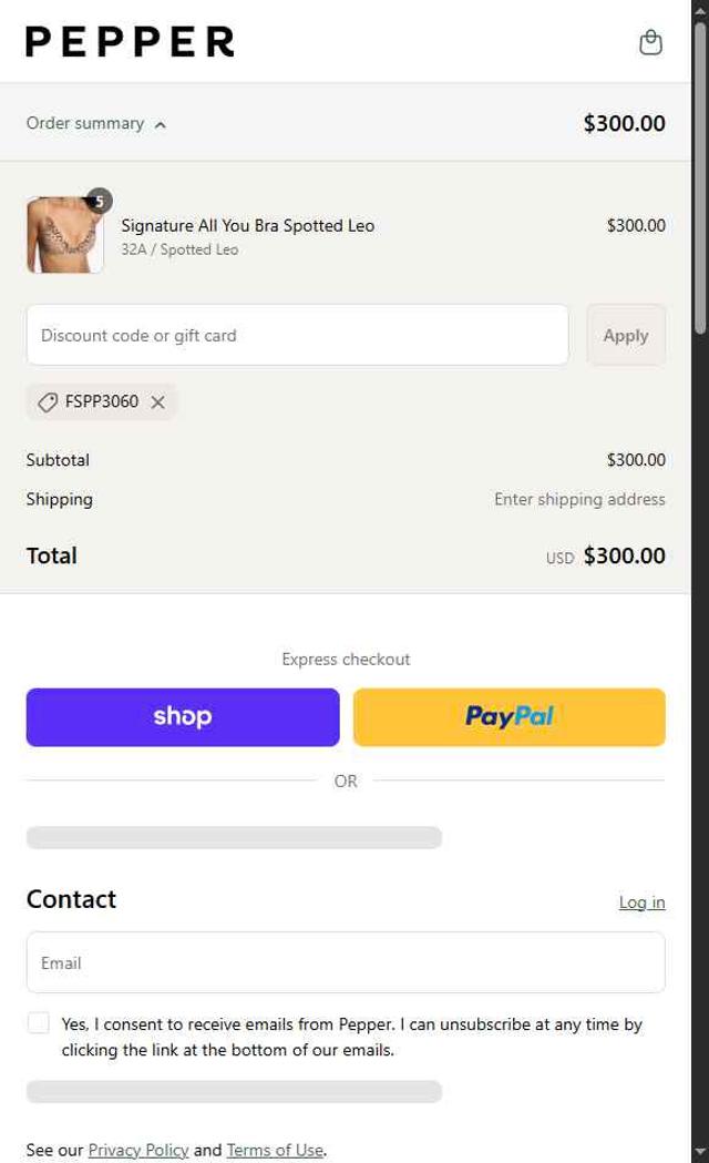 Pepper checkout page showing Pepper discount code box | Screenshot taken by SimplyCodes community member on Sep 6, 2025