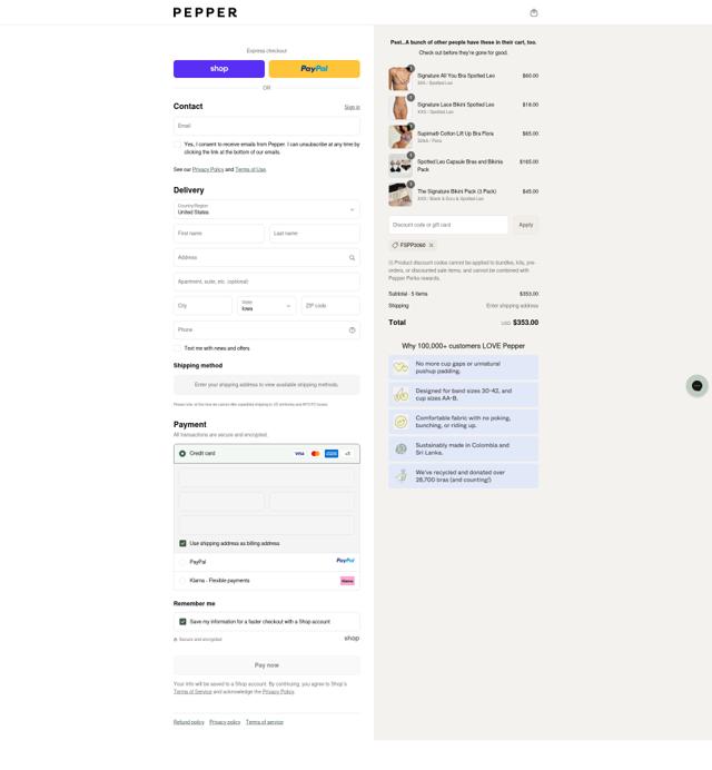 Pepper checkout page showing Pepper discount code box | Screenshot taken by SimplyCodes community member on Sep 10, 2025