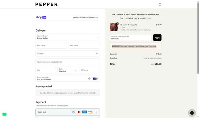 Pepper checkout page showing Pepper discount code box | Screenshot taken by SimplyCodes community member on Aug 25, 2025