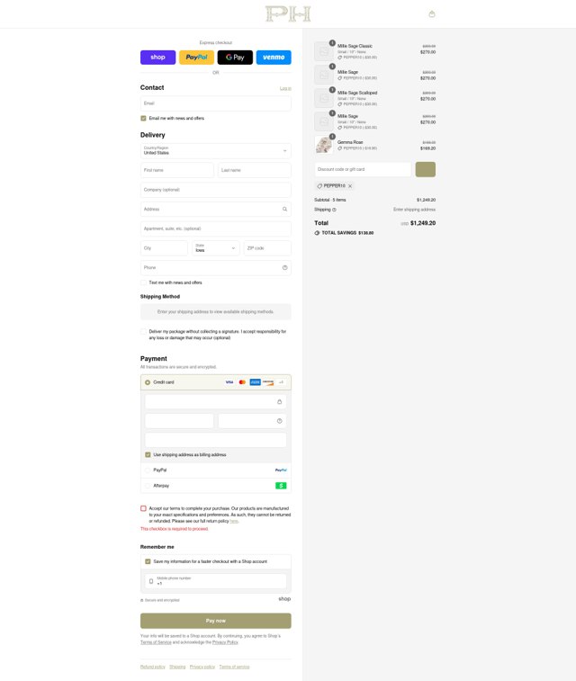 Pepper Home checkout page showing Pepper Home discount code box | Screenshot taken by SimplyCodes community member on Sep 6, 2025