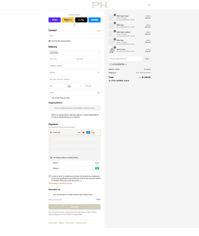 Pepper Home checkout page showing Pepper Home discount code box | Screenshot taken by SimplyCodes community member on Sep 1, 2025