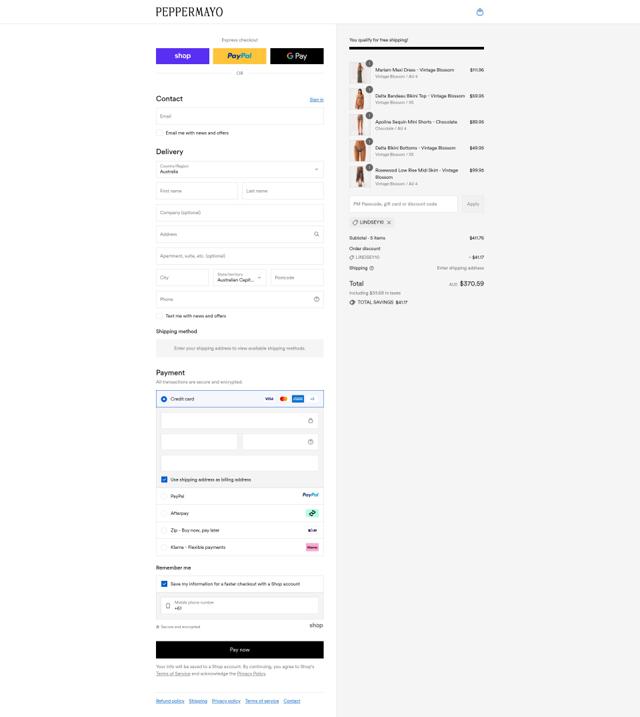 Peppermayo checkout page showing Peppermayo discount code box | Screenshot taken by SimplyCodes community member on Sep 12, 2025