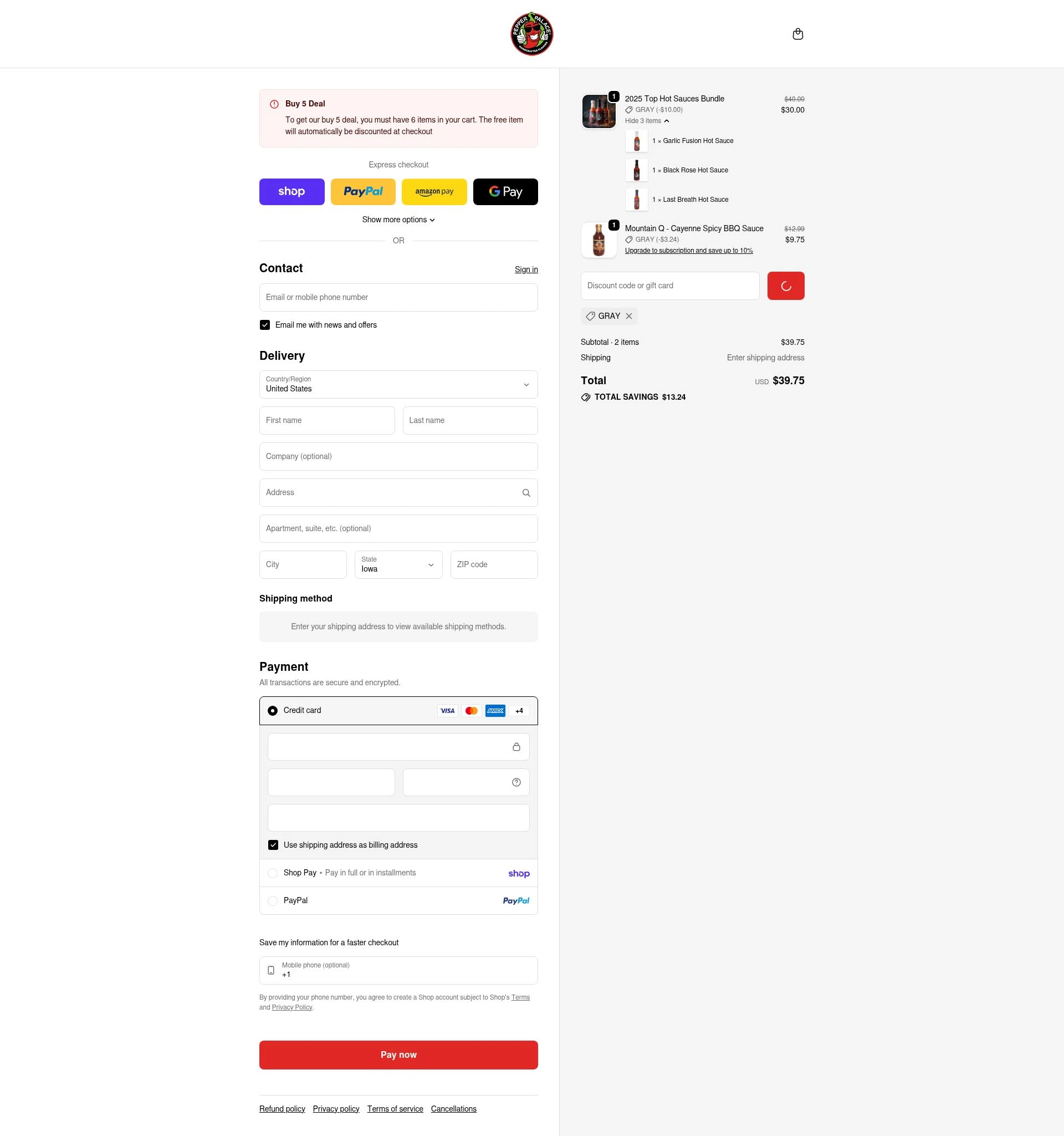 Pepper Palace checkout page showing Pepper Palace discount code box | Screenshot taken by SimplyCodes community member on Feb 3, 2026