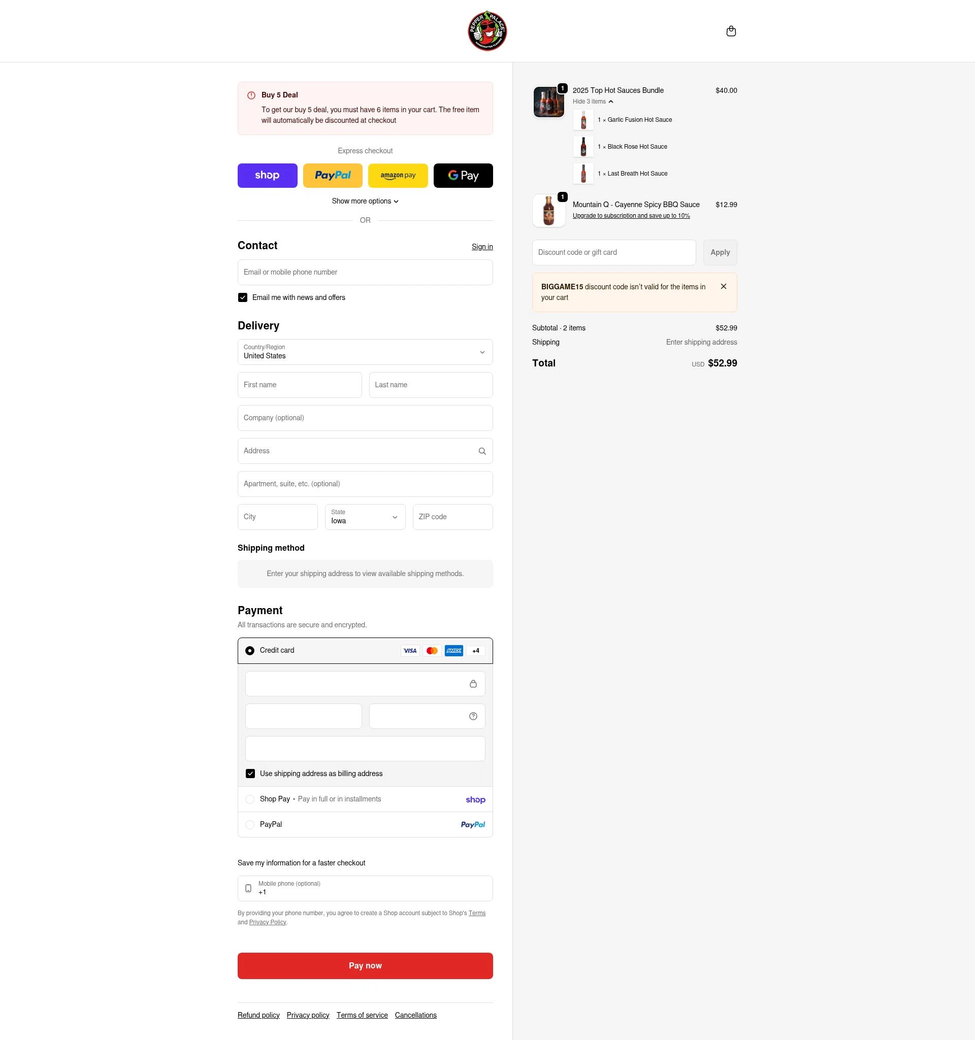Pepper Palace checkout page showing Pepper Palace discount code box | Screenshot taken by SimplyCodes community member on Feb 3, 2026