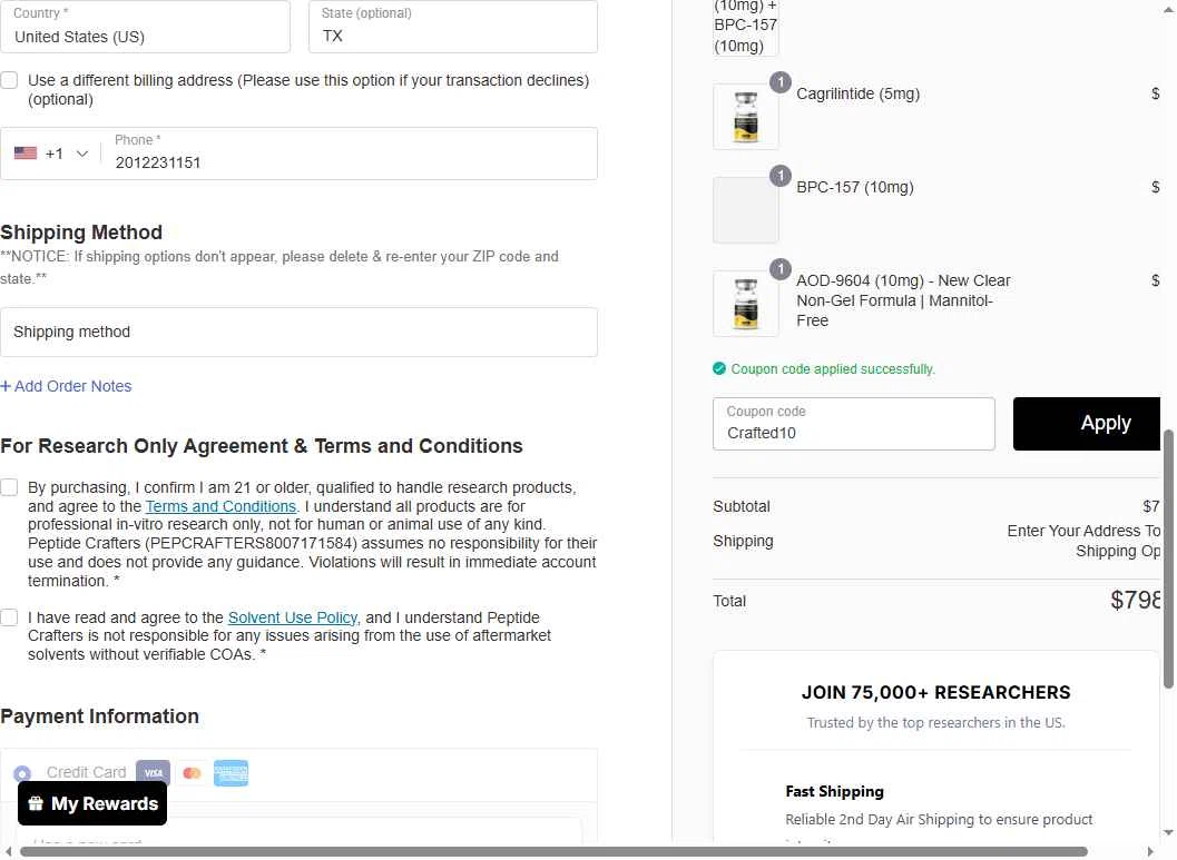 Peptide Crafters checkout page showing Peptide Crafters coupon code box | Screenshot taken by SimplyCodes community member on Jan 7, 2026