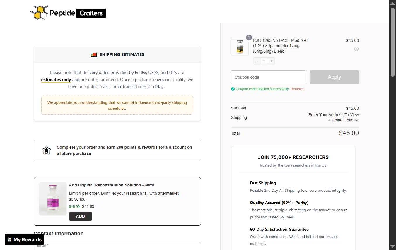 Peptide Crafters checkout page showing Peptide Crafters coupon code box | Screenshot taken by SimplyCodes community member on Jan 7, 2026