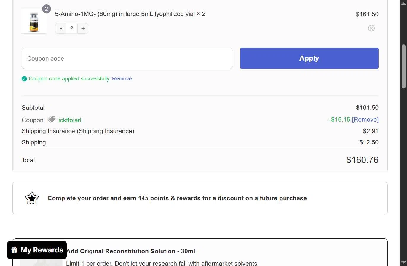 Peptide Crafters checkout page showing Peptide Crafters coupon code box | Screenshot taken by SimplyCodes community member on Jan 24, 2026