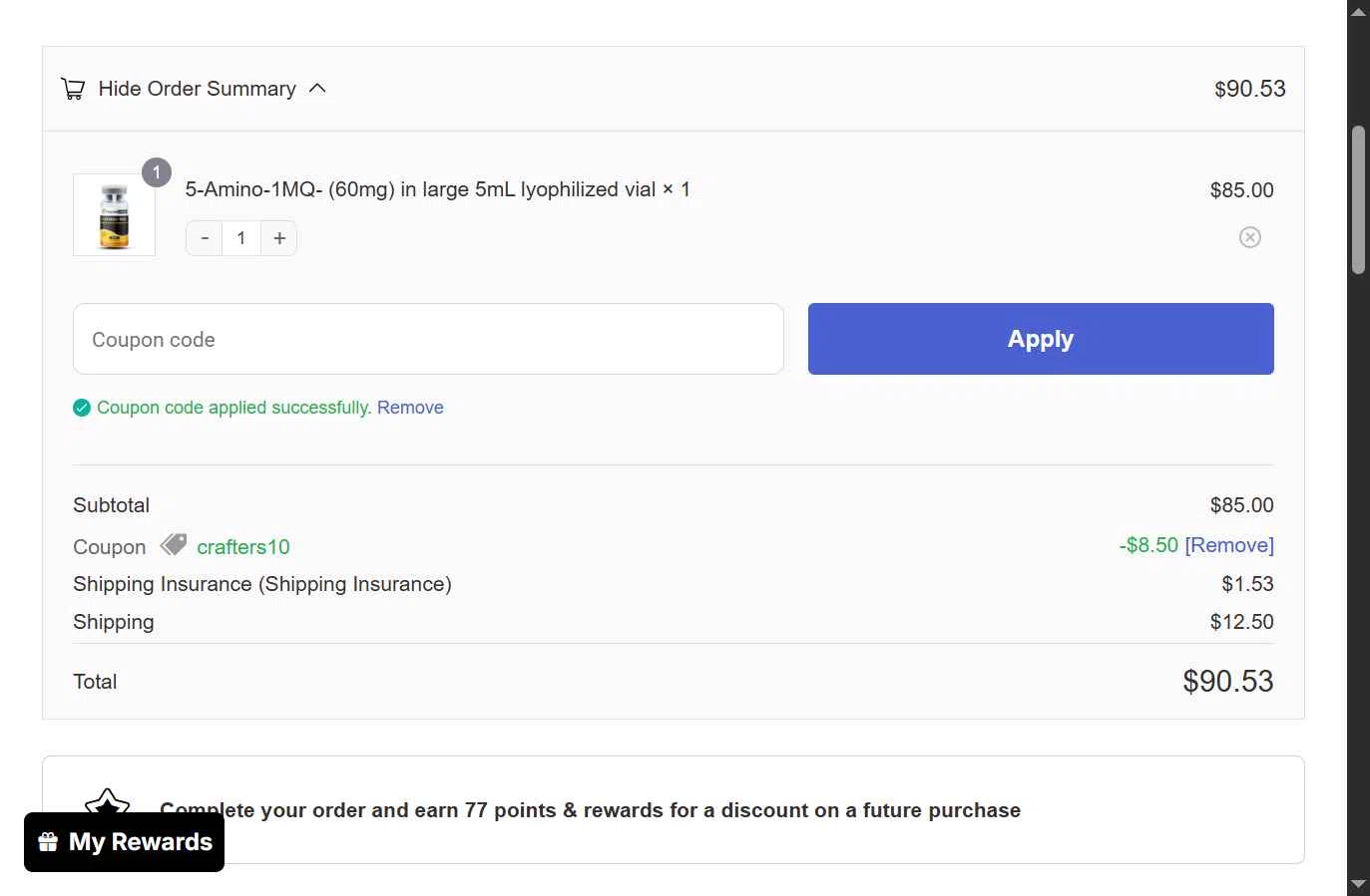 Peptide Crafters checkout page showing Peptide Crafters coupon code box | Screenshot taken by SimplyCodes community member on Jan 24, 2026