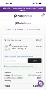 Peptide Partners coupon verification screenshot