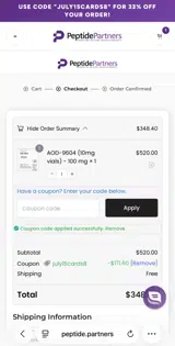Peptide Partners coupon verification screenshot