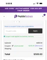 Peptide Partners coupon verification screenshot