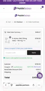 Peptide Partners coupon verification screenshot