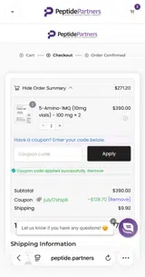 Peptide Partners coupon verification screenshot