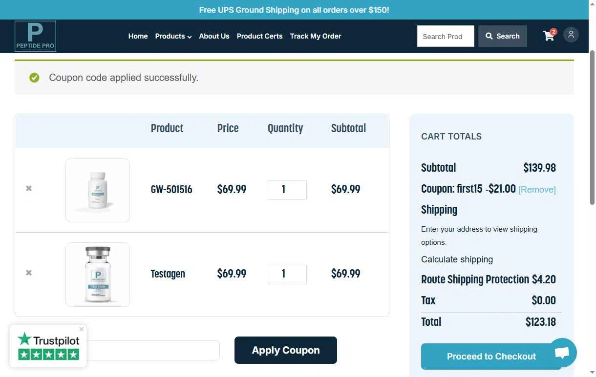 Peptide Pro checkout page showing Peptide Pro coupon code box | Screenshot taken by SimplyCodes community member on Oct 28, 2025