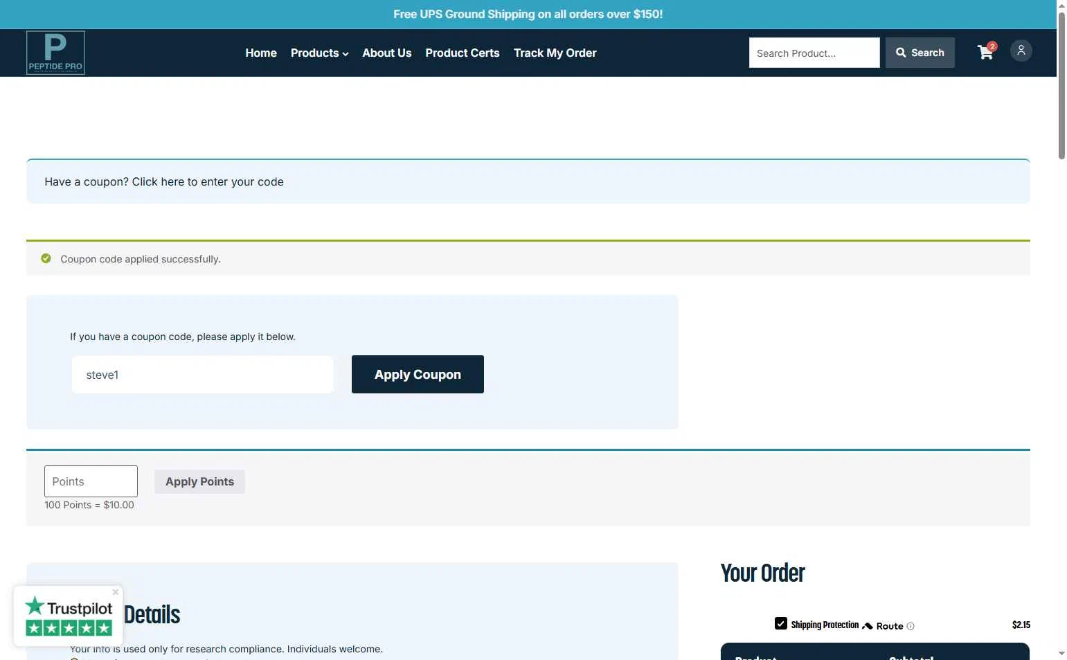 Peptide Pro checkout page showing Peptide Pro coupon code box | Screenshot taken by SimplyCodes community member on Nov 16, 2025