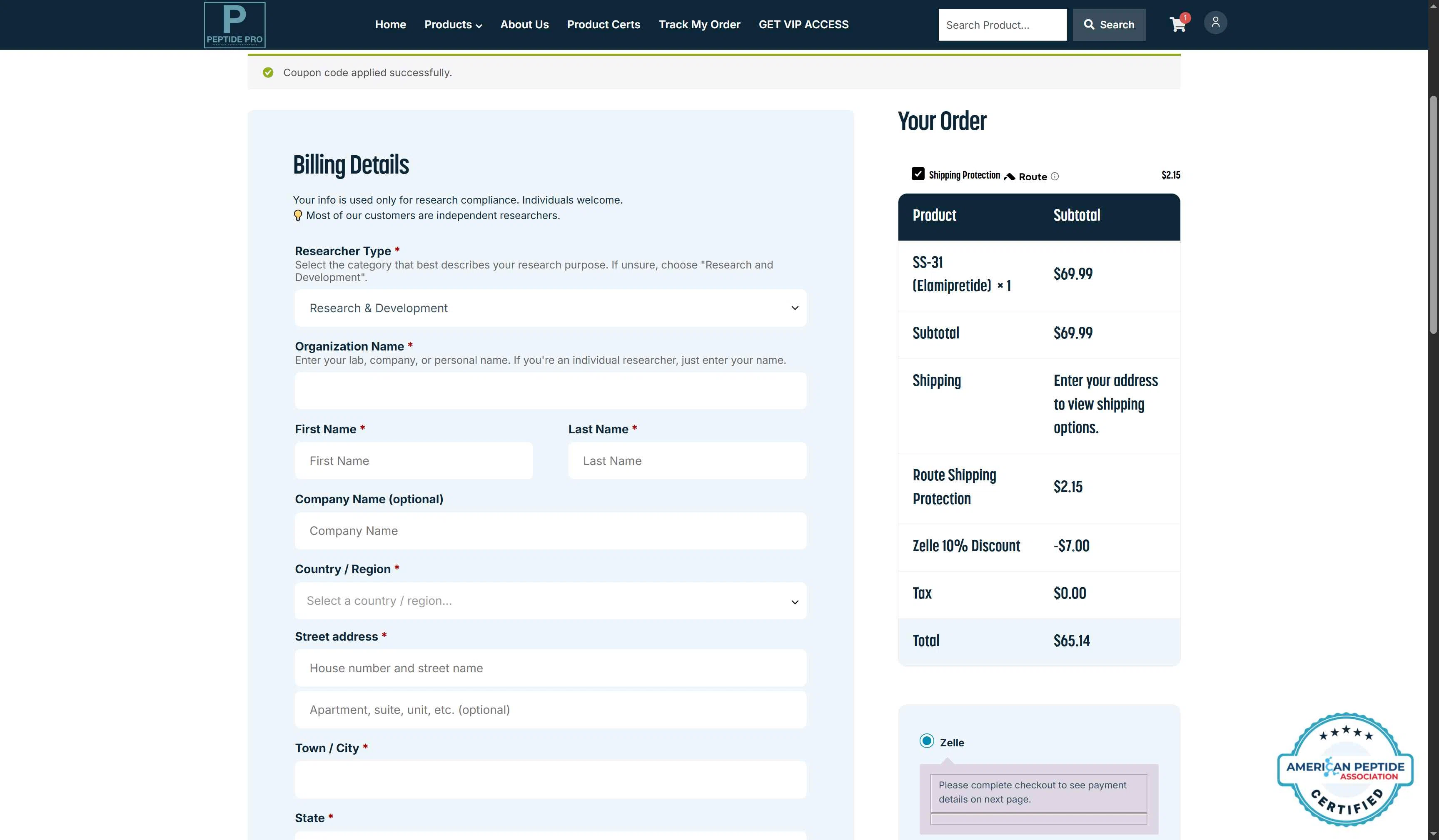 Peptide Pro checkout page showing Peptide Pro coupon code box | Screenshot taken by SimplyCodes community member on Jan 29, 2026