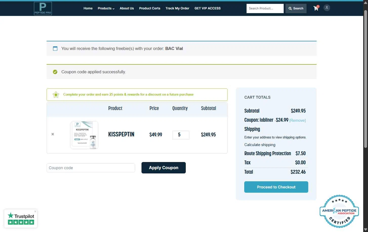 Peptide Pro checkout page showing Peptide Pro coupon code box | Screenshot taken by SimplyCodes community member on Jan 11, 2026