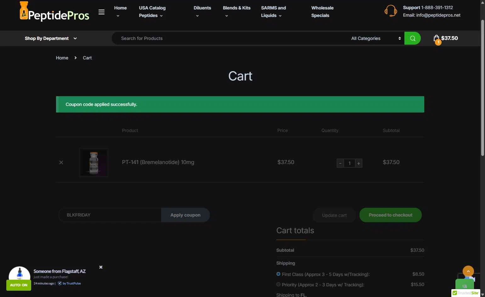 Peptide Pros checkout page showing Peptide Pros coupon code box | Screenshot taken by SimplyCodes community member on Nov 21, 2025