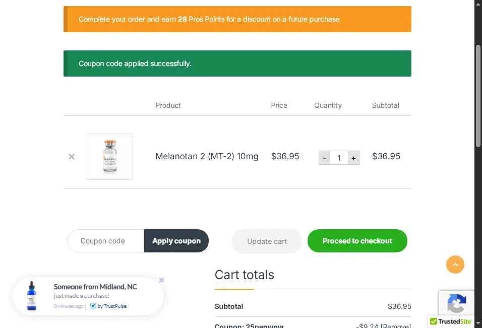 Peptide Pros checkout page showing Peptide Pros coupon code box | Screenshot taken by SimplyCodes community member on Nov 14, 2025