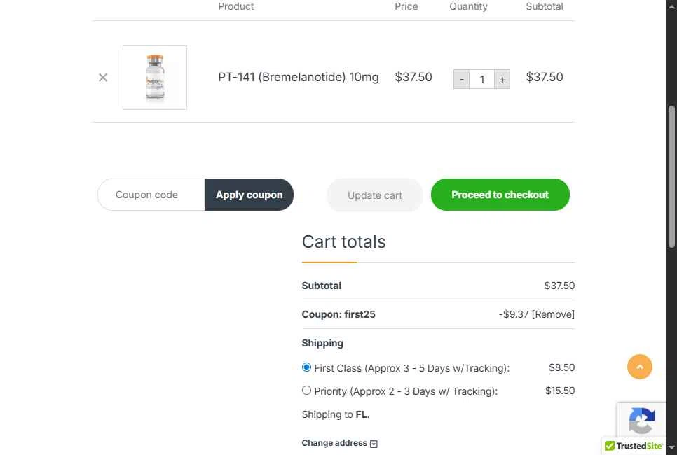 Peptide Pros checkout page showing Peptide Pros coupon code box | Screenshot taken by SimplyCodes community member on Nov 8, 2025