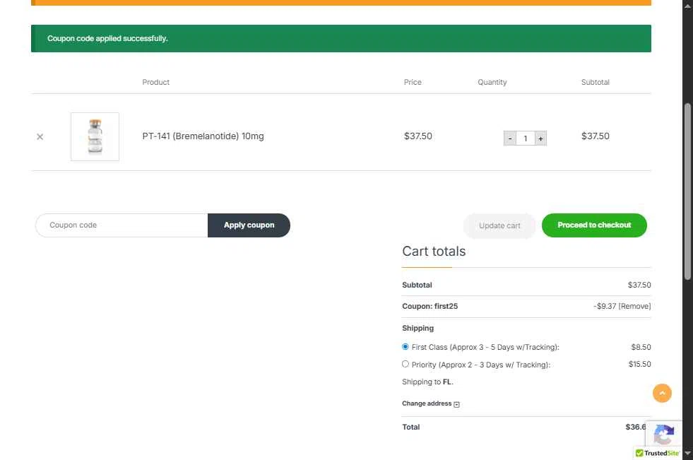 Peptide Pros checkout page showing Peptide Pros coupon code box | Screenshot taken by SimplyCodes community member on Oct 3, 2025