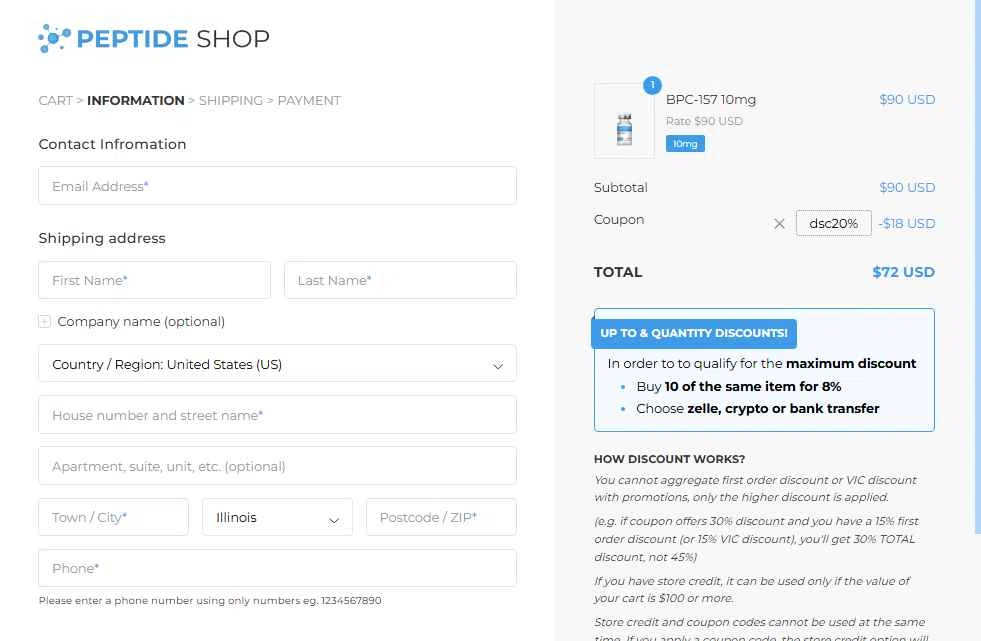 PEPTIDE SHOP checkout page showing PEPTIDE SHOP coupon code box | Screenshot taken by SimplyCodes community member on Nov 24, 2025