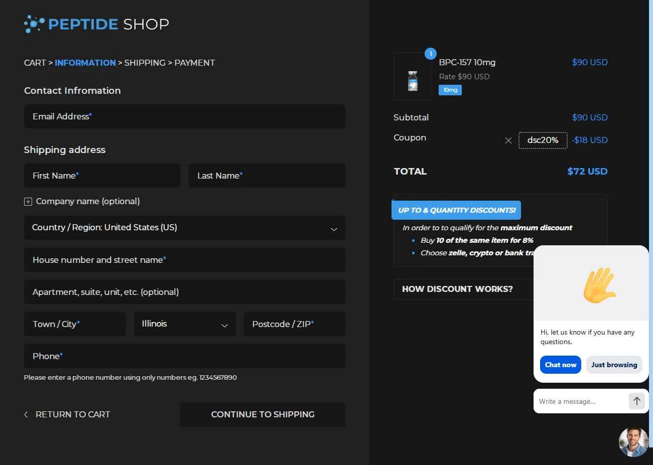 PEPTIDE SHOP checkout page showing PEPTIDE SHOP coupon code box | Screenshot taken by SimplyCodes community member on Dec 23, 2025