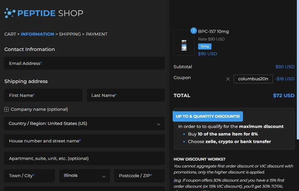 PEPTIDE SHOP checkout page showing PEPTIDE SHOP coupon code box | Screenshot taken by SimplyCodes community member on Oct 8, 2025