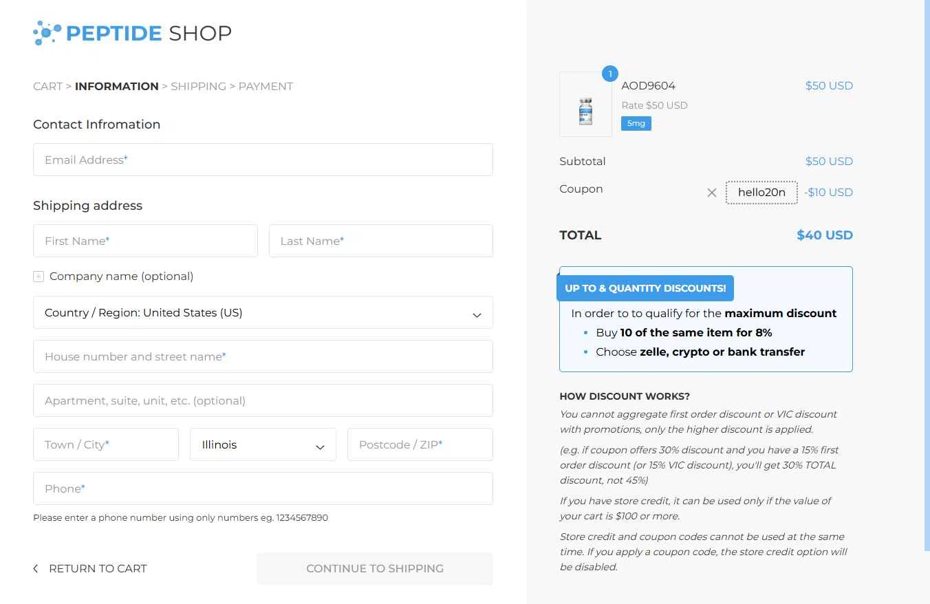 PEPTIDE SHOP checkout page showing PEPTIDE SHOP coupon code box | Screenshot taken by SimplyCodes community member on Oct 28, 2025