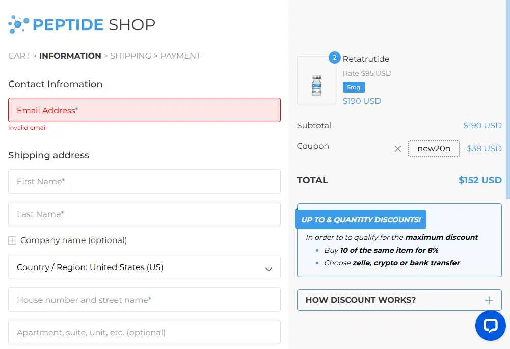 PEPTIDE SHOP checkout page showing PEPTIDE SHOP coupon code box | Screenshot taken by SimplyCodes community member on Dec 30, 2025