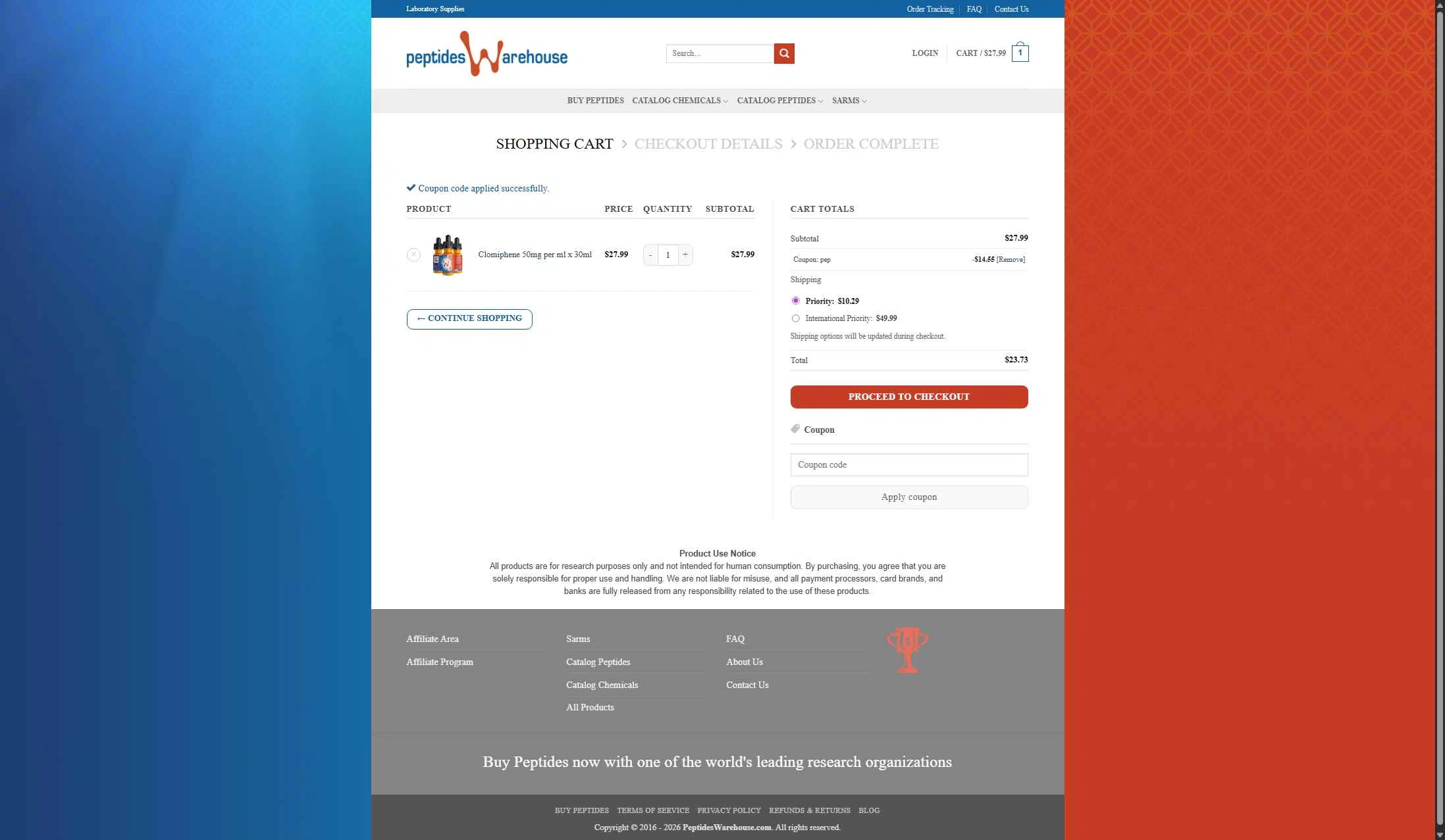 Peptides Warehouse checkout page showing Peptides Warehouse promo code box | Screenshot taken by SimplyCodes community member on Jan 8, 2026
