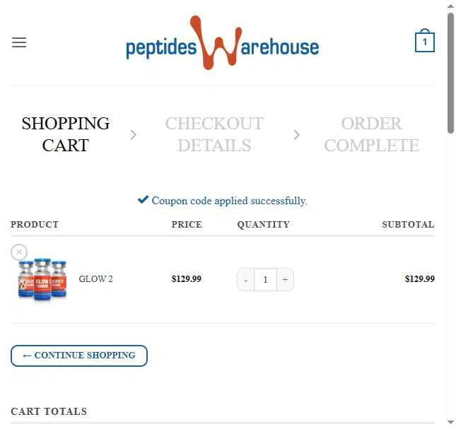 Peptides Warehouse checkout page showing Peptides Warehouse promo code box | Screenshot taken by SimplyCodes community member on Jan 5, 2026