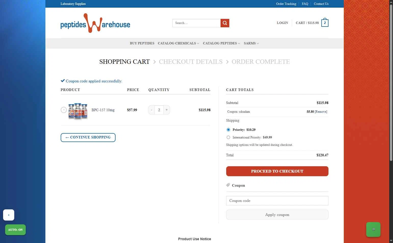 Peptides Warehouse checkout page showing Peptides Warehouse promo code box | Screenshot taken by SimplyCodes community member on Jan 1, 2026