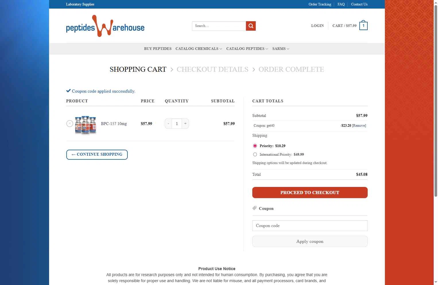 Peptides Warehouse checkout page showing Peptides Warehouse promo code box | Screenshot taken by SimplyCodes community member on Jan 12, 2026