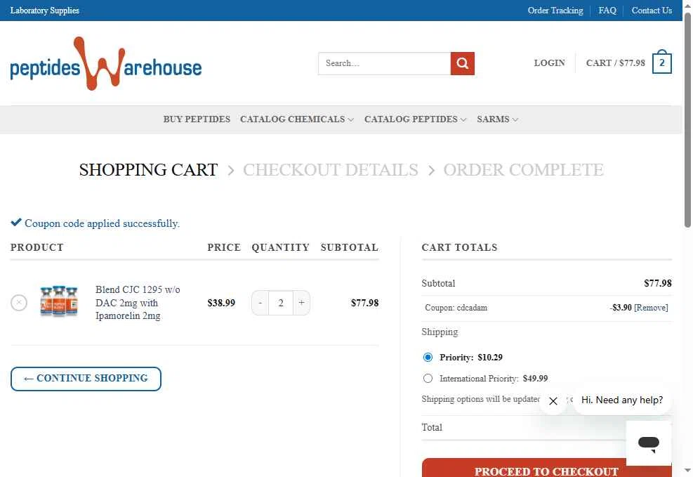 Peptides Warehouse checkout page showing Peptides Warehouse promo code box | Screenshot taken by SimplyCodes community member on Jan 30, 2026