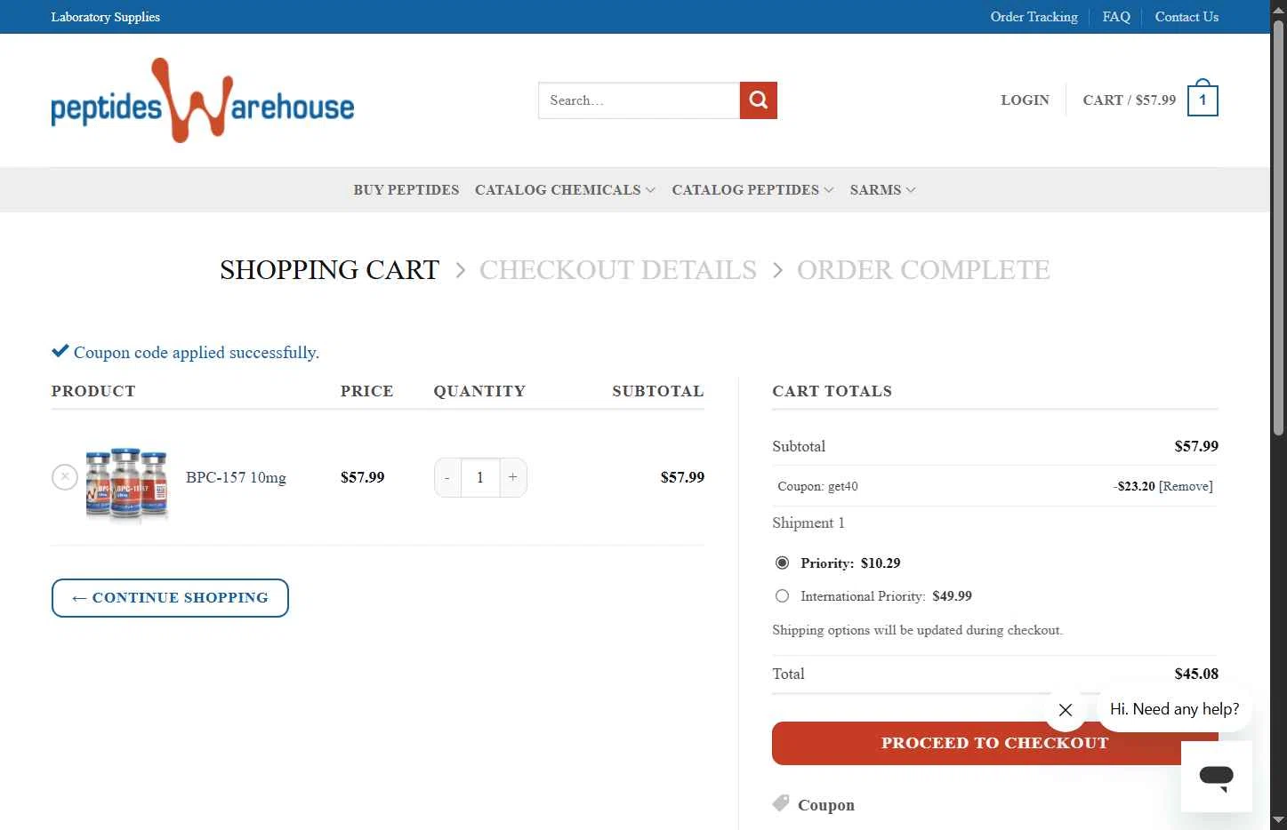 Peptides Warehouse checkout page showing Peptides Warehouse promo code box | Screenshot taken by SimplyCodes community member on Feb 10, 2026