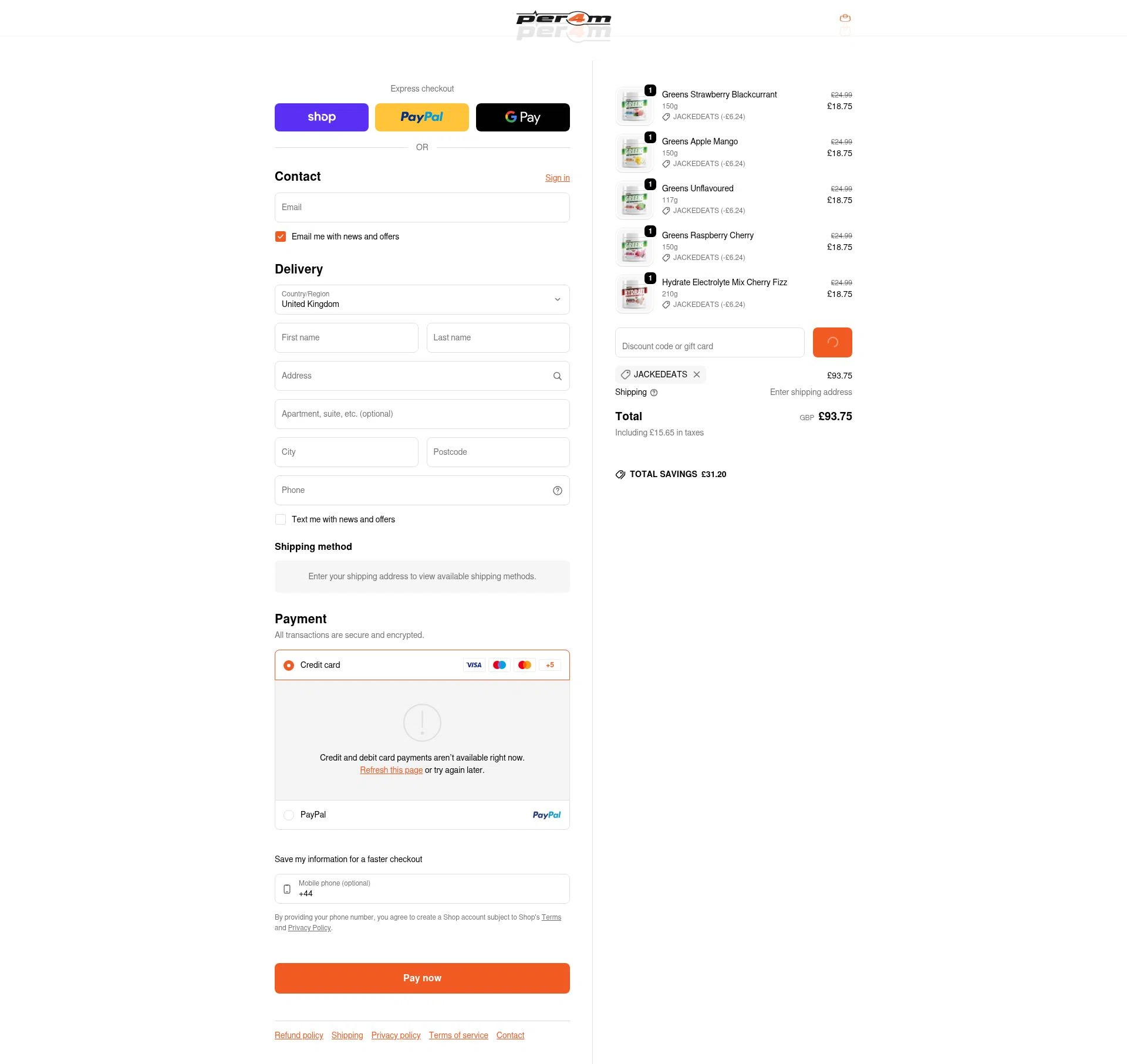 PER4M Nutrition checkout page showing PER4M Nutrition promo code box | Screenshot taken by SimplyCodes community member on Feb 11, 2026
