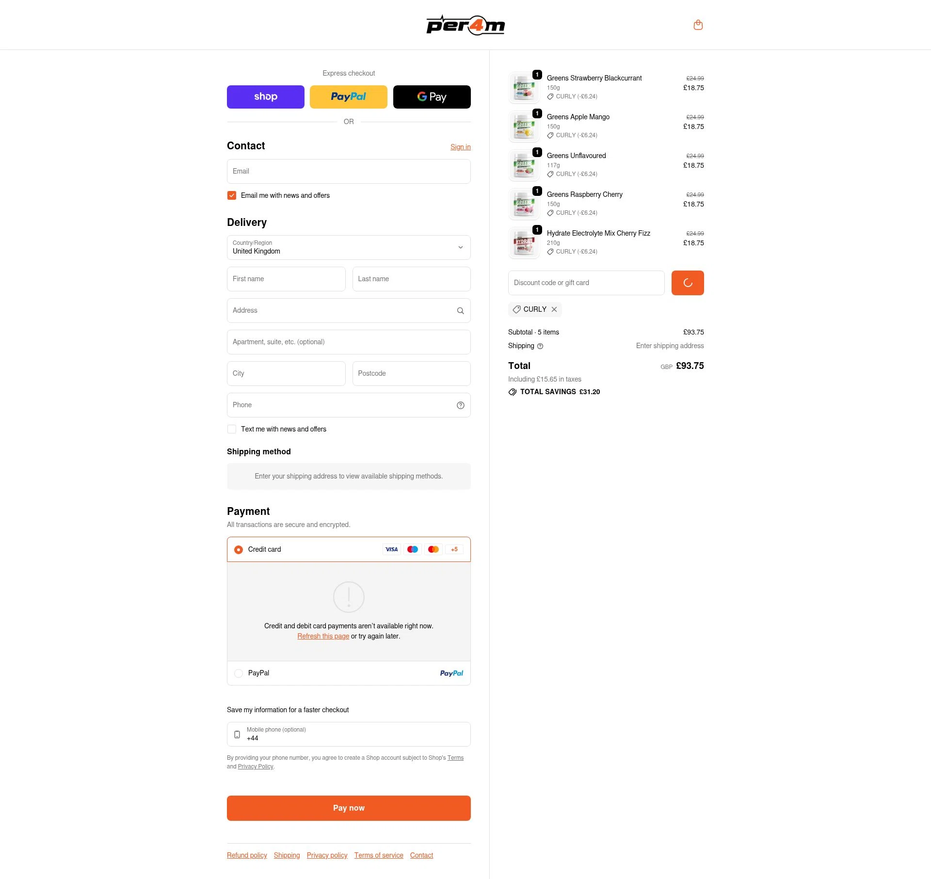 PER4M Nutrition checkout page showing PER4M Nutrition promo code box | Screenshot taken by SimplyCodes community member on Feb 11, 2026