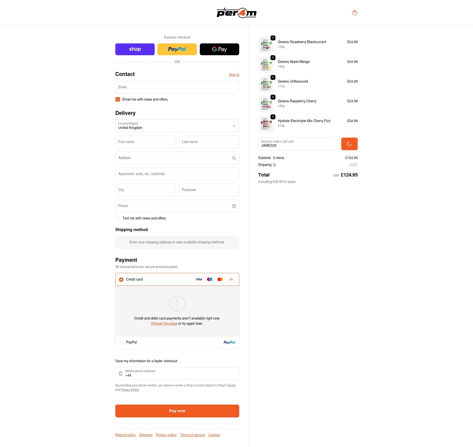 PER4M Nutrition checkout page showing PER4M Nutrition promo code box | Screenshot taken by SimplyCodes community member on Feb 11, 2026