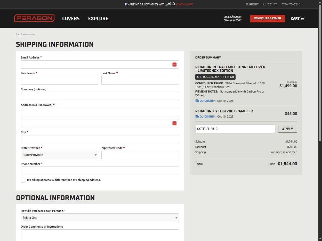 Peragon checkout page showing Peragon discount code box | Screenshot taken by SimplyCodes community member on Oct 10, 2025