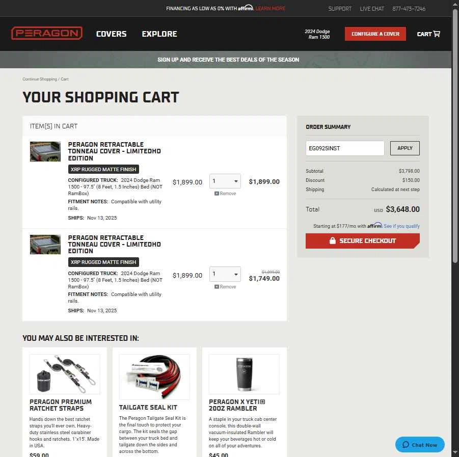 Peragon checkout page showing Peragon discount code box | Screenshot taken by SimplyCodes community member on Nov 3, 2025